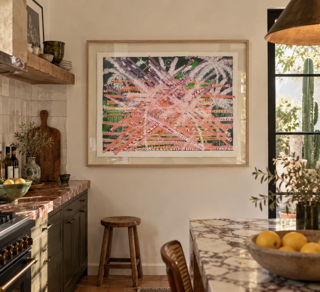 Sandra Molin artwork in a kitchen, golden hour light